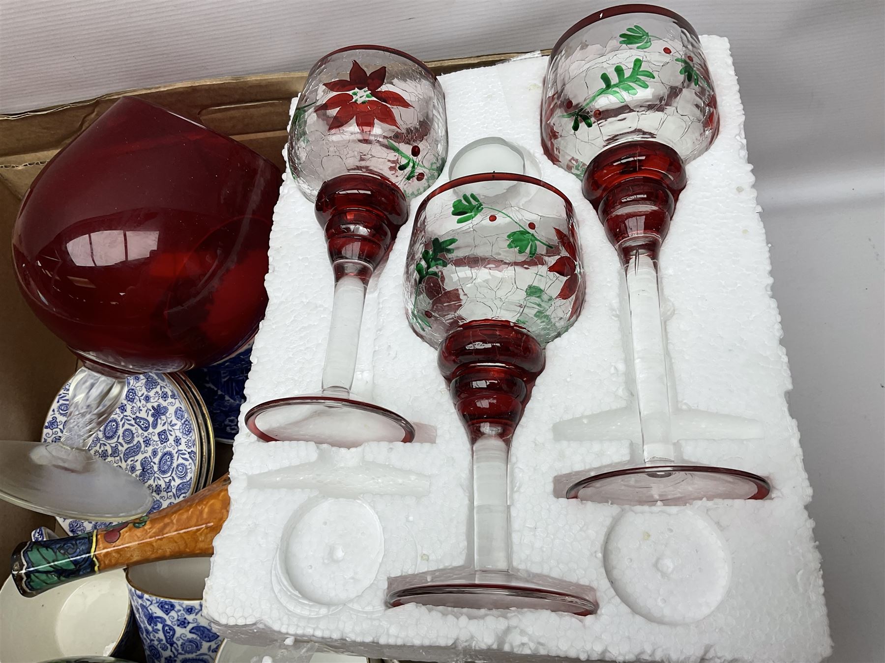 Newhall Boumier Ware vase, two Maling lustre bowlsmParagon George V commemorative cup, collection of ceramics and coloured and cut glassware, etc, in three boxes