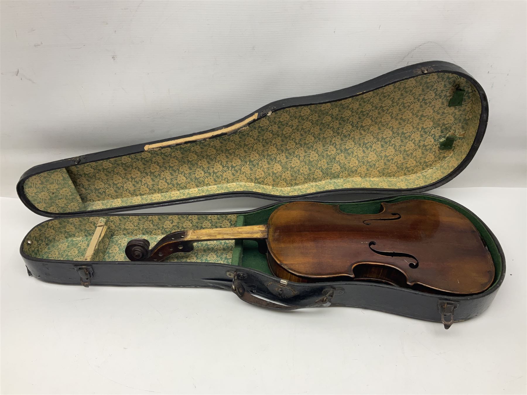 German trade violin c1900 stamped PAGANINI with 35.5cm two-piece maple back and ribs and spruce top L58.5cm overall; in carrying case; and another German trade violin for spares or repair; in carrying case (2)