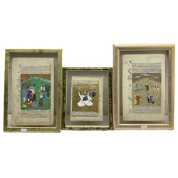 Persian School (19th century): The Khamsah of Nizami, pair plates with illuminated watercolours depicting Emperor Khusraw organising a royal reception and shepherd scene 34cm x 22cm; Ottoman School (18th/19th century): Turkish Whirling Dervish, illuminated watercolour from book plate with Arabic text 23cm x 17cm (3)