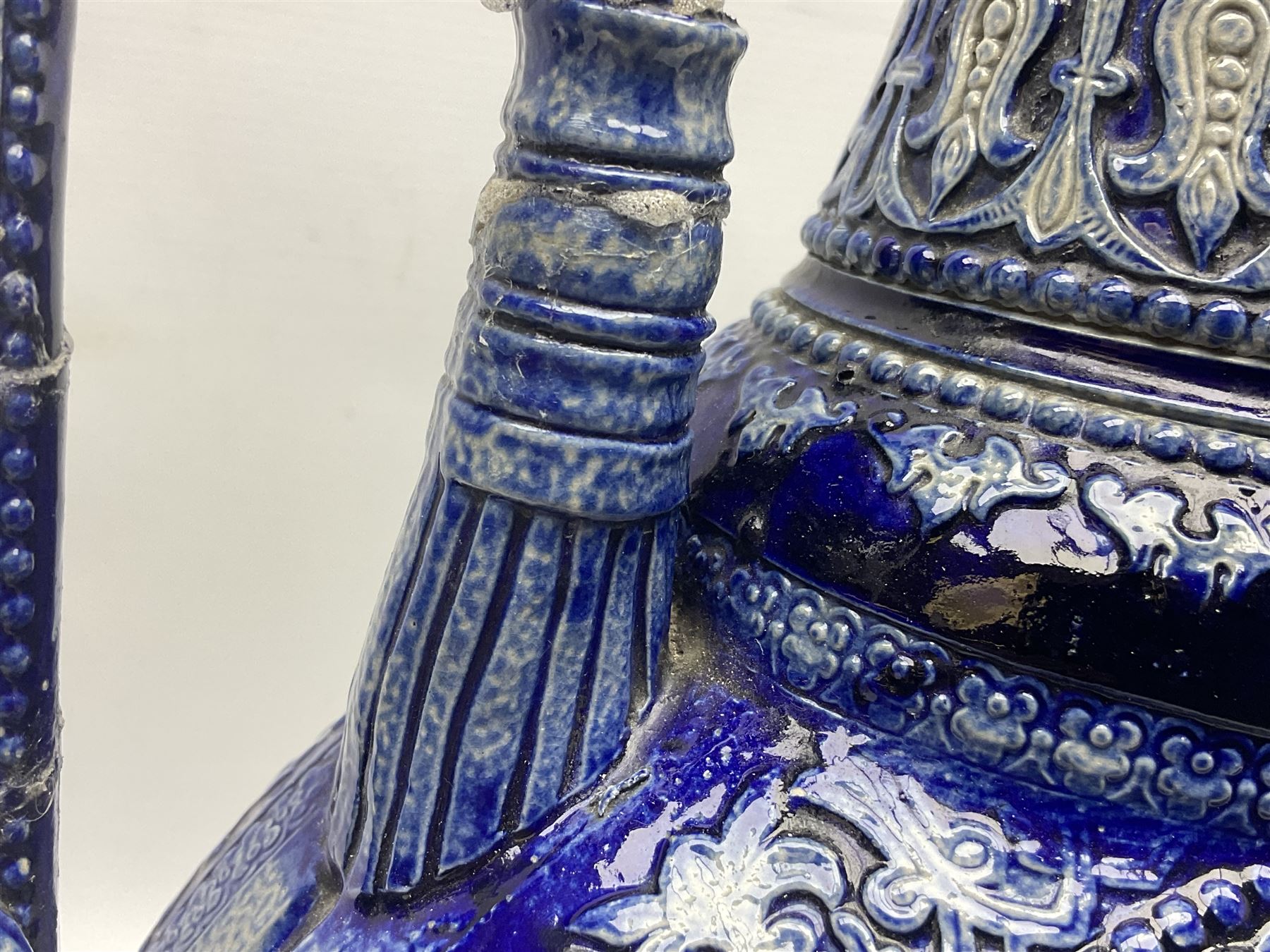 German stoneware blue glazed vase of flattened form with twin handles, H49cm (a/f)