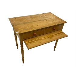 19th century pine side table, two drawers over slide, on turned supports