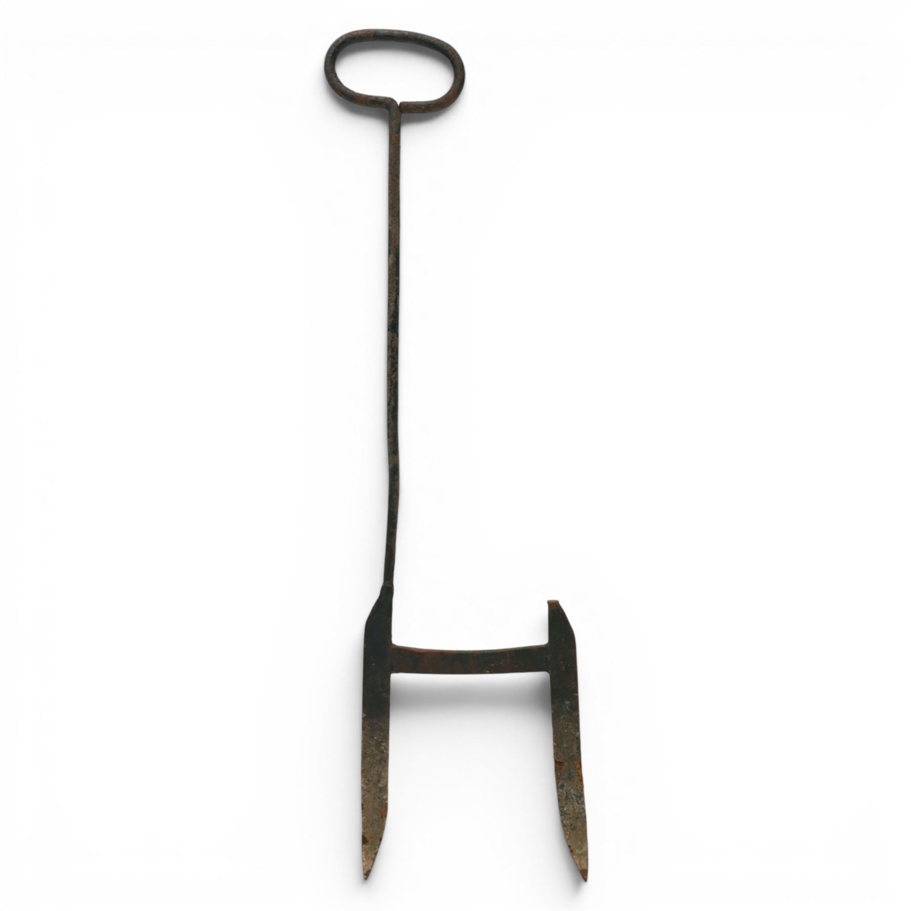 19th century wrought iron boot scraper, with oval loop handle upon twin blades united by central scraper, H96cm