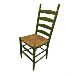 Set of green beech ladder back dining chairs
