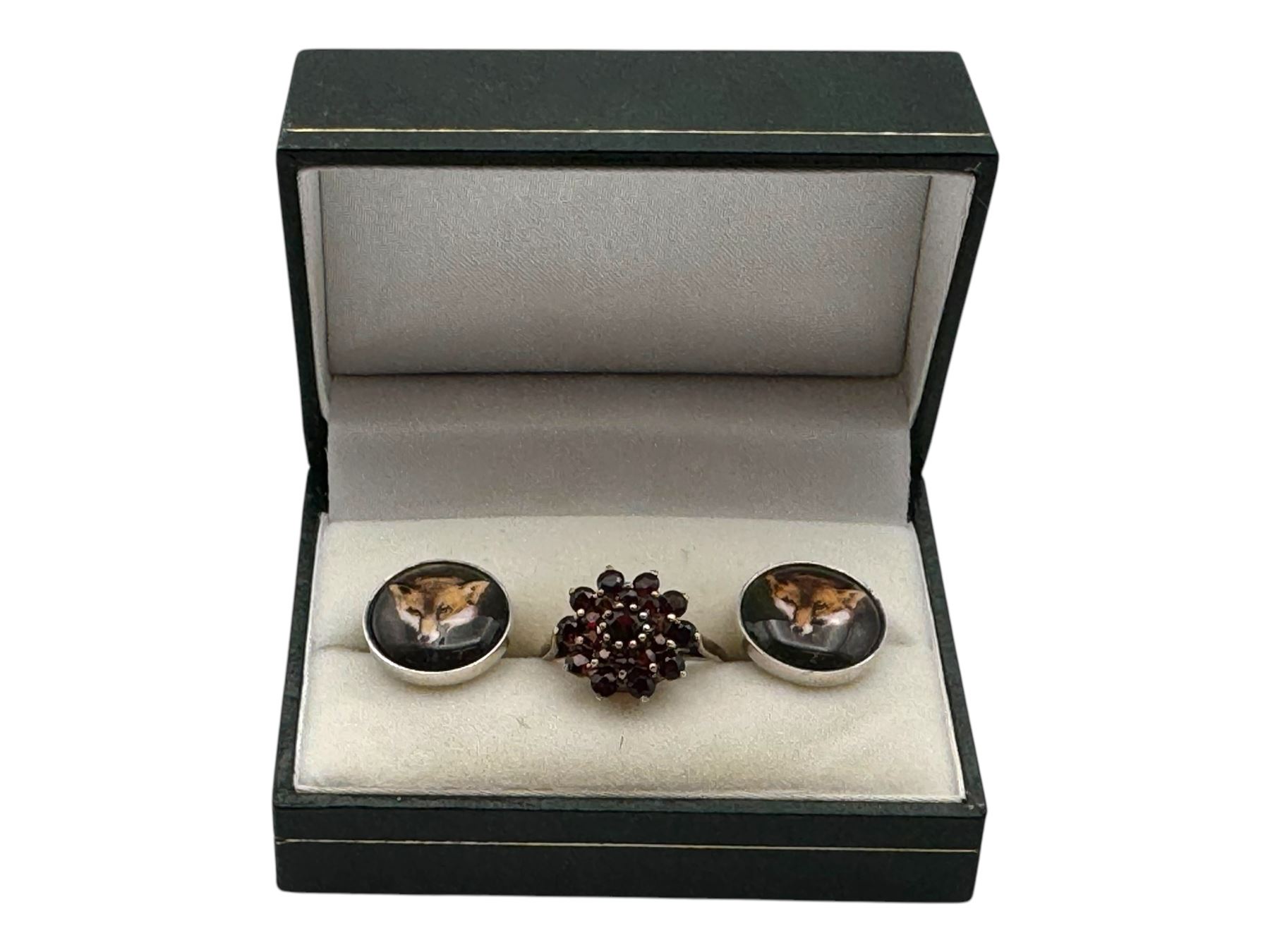 Collection of jewellery, including bone necklace, silver-gilt garnet ring, enamel fox cufflinks, Michaela Frey bracelets, etc