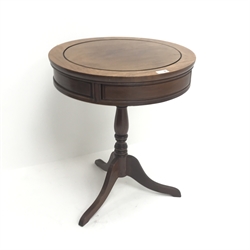  Chinese rosewood circular drum table, two drawers, turned column on sabre supports, D54cm, H63cm  