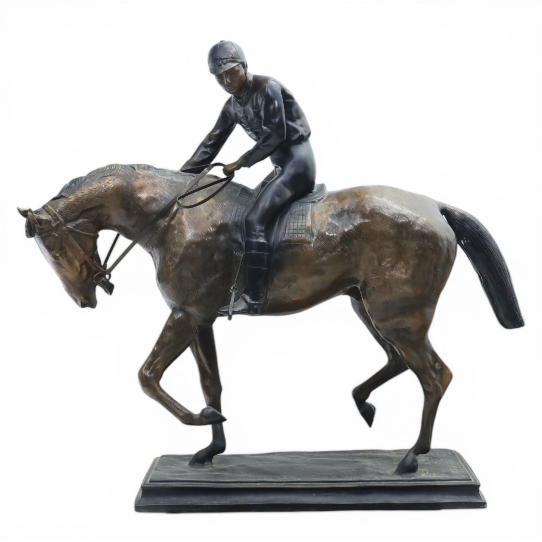 After Isidore Jules Bonheur (1827-1901), bronze figure of a jockey on horseback, upon a rectangular base, signed Bonheur, H88cm