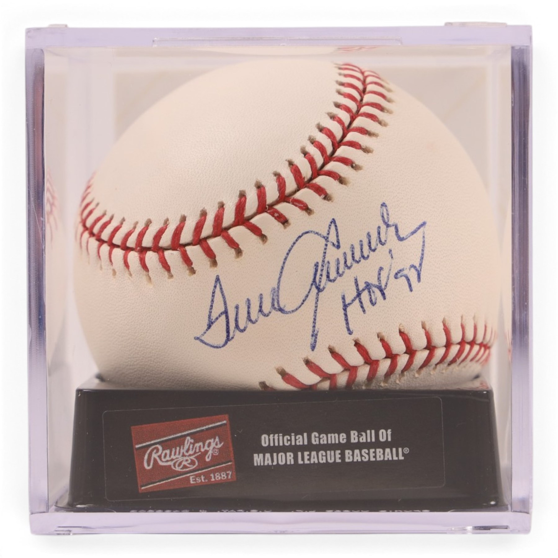 Five signed Rawlings baseballs, comprising Tom Glavine with HOF 2014 inscription, Mike Piazza, Sandy Koufax, Tom Seaver with HOF '92 inscription and Nolan Ryan with HOF '99 inscription, together with a signed Tampa Bay Devil Rays baseball, with acrylic cases and certificates of authenticity (6)