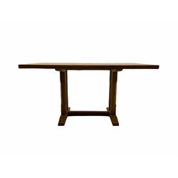 Yorkshire oak - oak dining table, rectangular top supported by four pillars on sledge supports and set four carved lattice back chairs