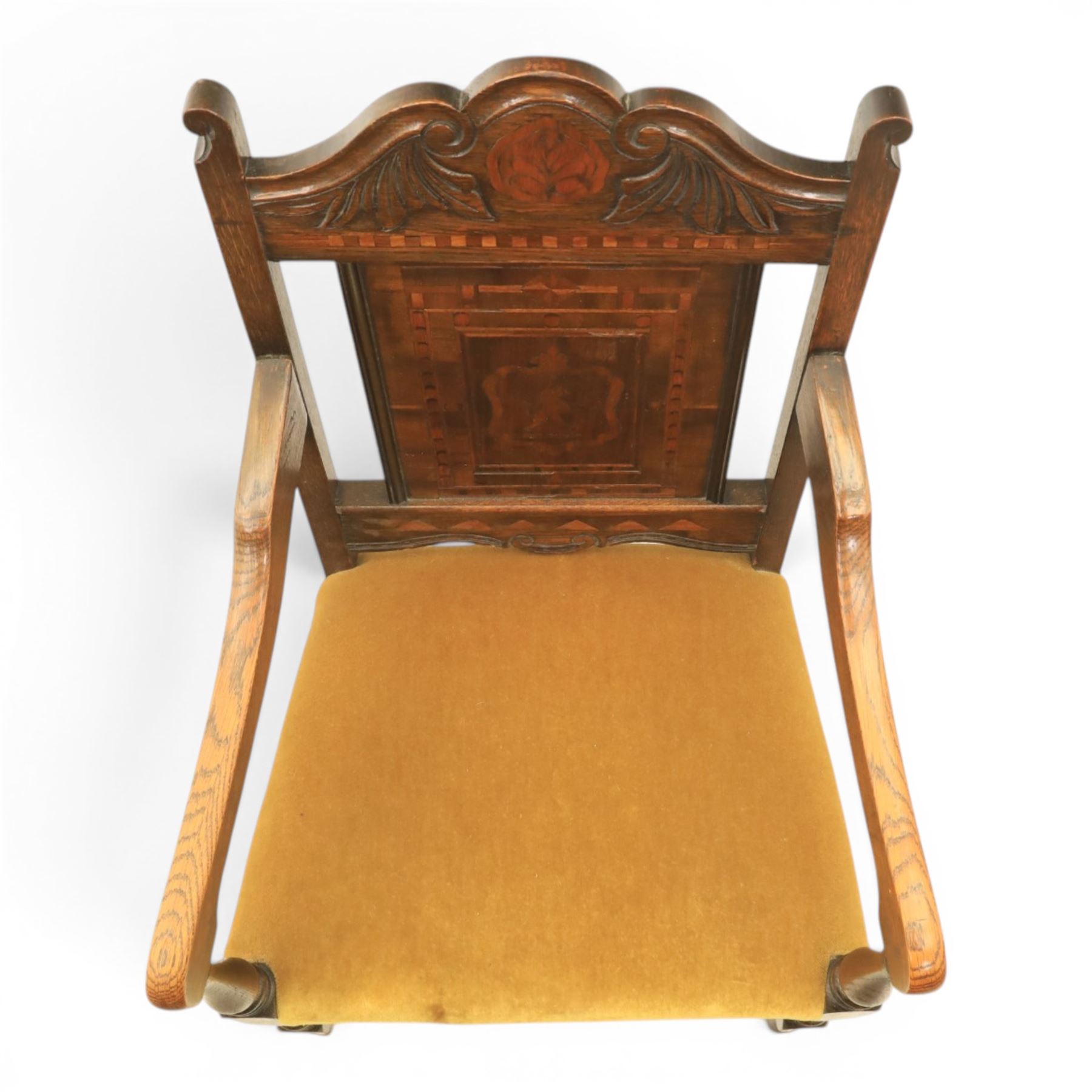 18th century inlaid mahogany armchair, carved back with marquetry panel, overstuffed upholstered seat finished in gold dralon fabric, raised on turned supports united by a stretcher