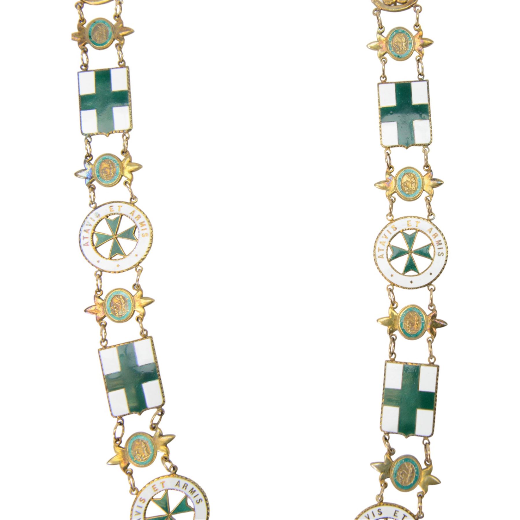Military and Hospitaller Order of St. Lazarus of Jerusalem, Knight of Grace silver gilt and enamel chain of order, the chain made up of silver enamelled flags, disks and panels, with a green and white enamelled insignia of the order suspended below, in case 