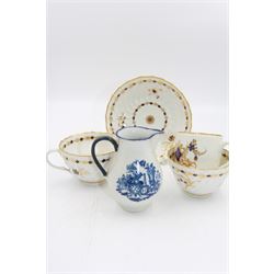 18th century Caughley blue and white sparrow jug, decorated in the Mother and Child pattern, circa 1780-1790, with underglaze C mark beneath, H9cm, together with a Worcester coffee cup, circa 1785 painted with floral sprays in underglaze blue and gilt, with crescent mark beneath, and a Caughley trio of tea cup, tea bowl and saucer, each of moulded wrythen fluted form and decorated with gilt and blue sprigs and bands, each with crescent mark beneath, (5)