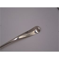 Collection of six Victorian silver sauce/toddy ladles, to include Hanoverian pattern ladle, with rattail bowl and curved handle,  hallmarked Henry Holland, London 1879, pair of Fiddle pattern sauce ladles, each with engraved initial to terminal, hallmarked William Robert Smily, London 1848 and a Queens pattern sauce ladle, hallmarked Samuel Hayne & Dudley Cater, London 1845 etc