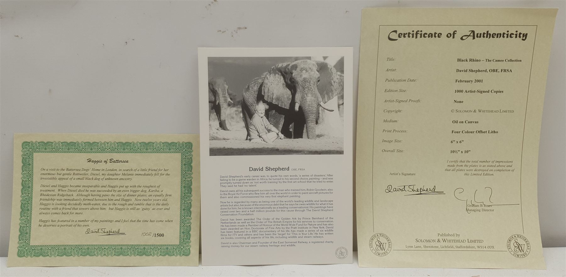 David Shepherd (British 1931-2017): 'Black Rhino', 'Haggis of Battersea', 'Dormouse' and 'Happy Hippo', four limited edition prints signed and numbered in pencil, max 16cm x 16cm (unframed); Mandy Shepherd (British 1960-): Wild Animals, set four limited edition prints signed and numbered in pencil 11cm x 12cm (mounted) (8)