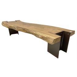 Raw edge shaped oak plank bench or side table on steel RSJ supports