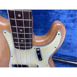 1962 Fender Precision bass guitar; re-finished in natural alder in the 1970s; impressed date code 5NOV62C to end of neck and serial no.90537 to back plate; L115.5cm; in replacement hard carrying case