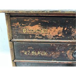 Early 20th Century Dewhurst table top chest, decorated with gilded 'Dewhurst's Sylko Machine Twist Strong Lustrous' lettering above six long drawers with names and numbers of cotton also detailed in gilt, H39cm