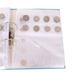 Great British pre-1947 silver coins, including two shillings, four florins, and two half crowns, and further pre decimal coins, in blue ring binder folder