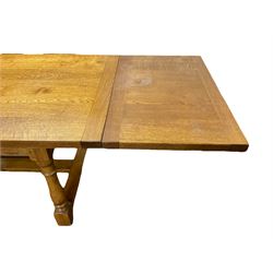Rectangular solid light oak refectory dining table, with two additional leaves