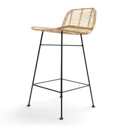 Next - set of three 'Pacific' bar stools, caned back and seat, raised on black tubular supports