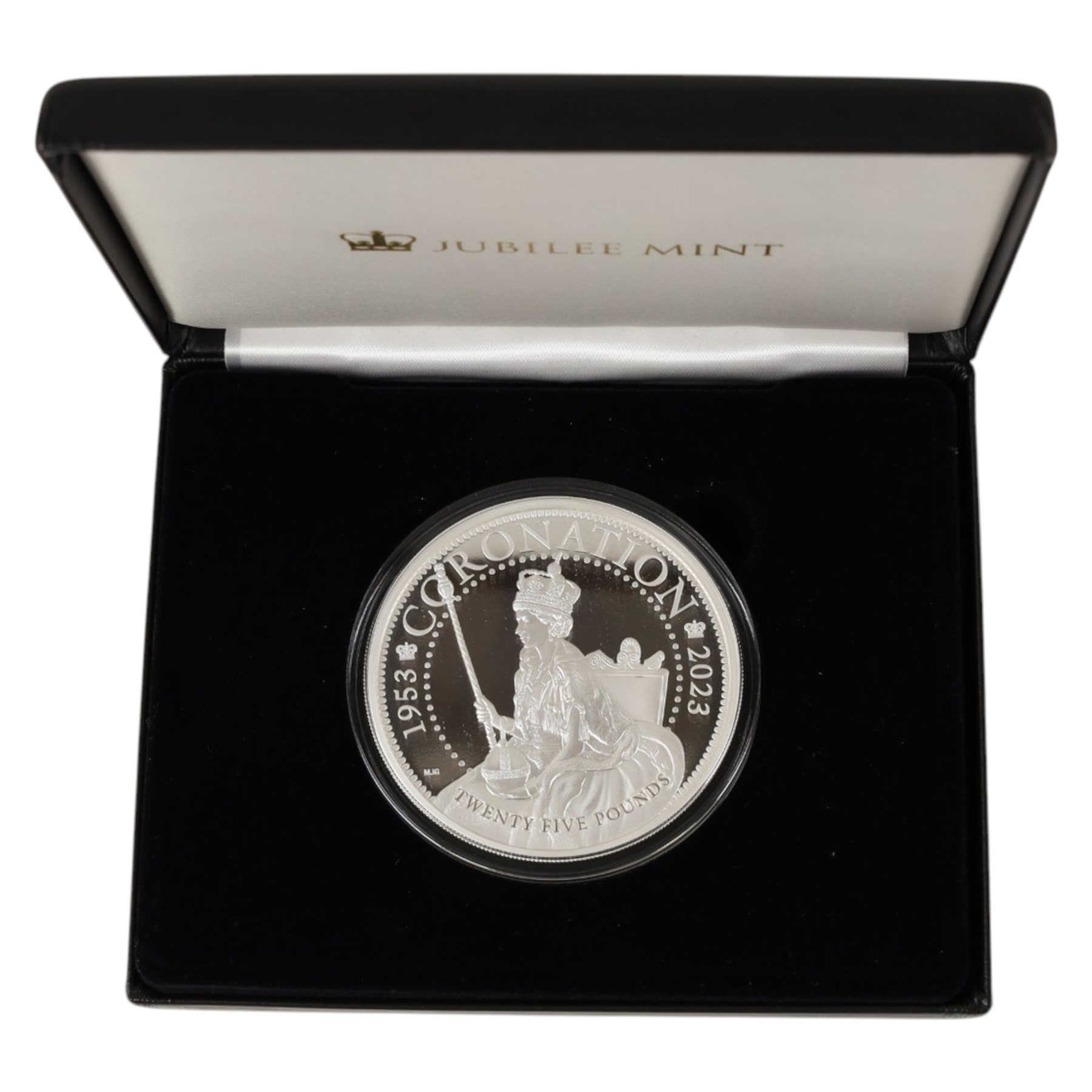 King Charles III Tristan da Cunha 2023 '70th Anniversary of the Queen's Coronation' five ounce fine silver proof twenty-five pound coin, issued by the Jubilee Mint, cased with certificate