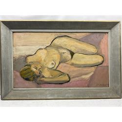 Druie Bowett (British 1924-1998): Sleeping Female Nude, oil on canvas signed and dated '57, signed and dated on the stretcher with 1958 studio stamp 63cm x 108cm 