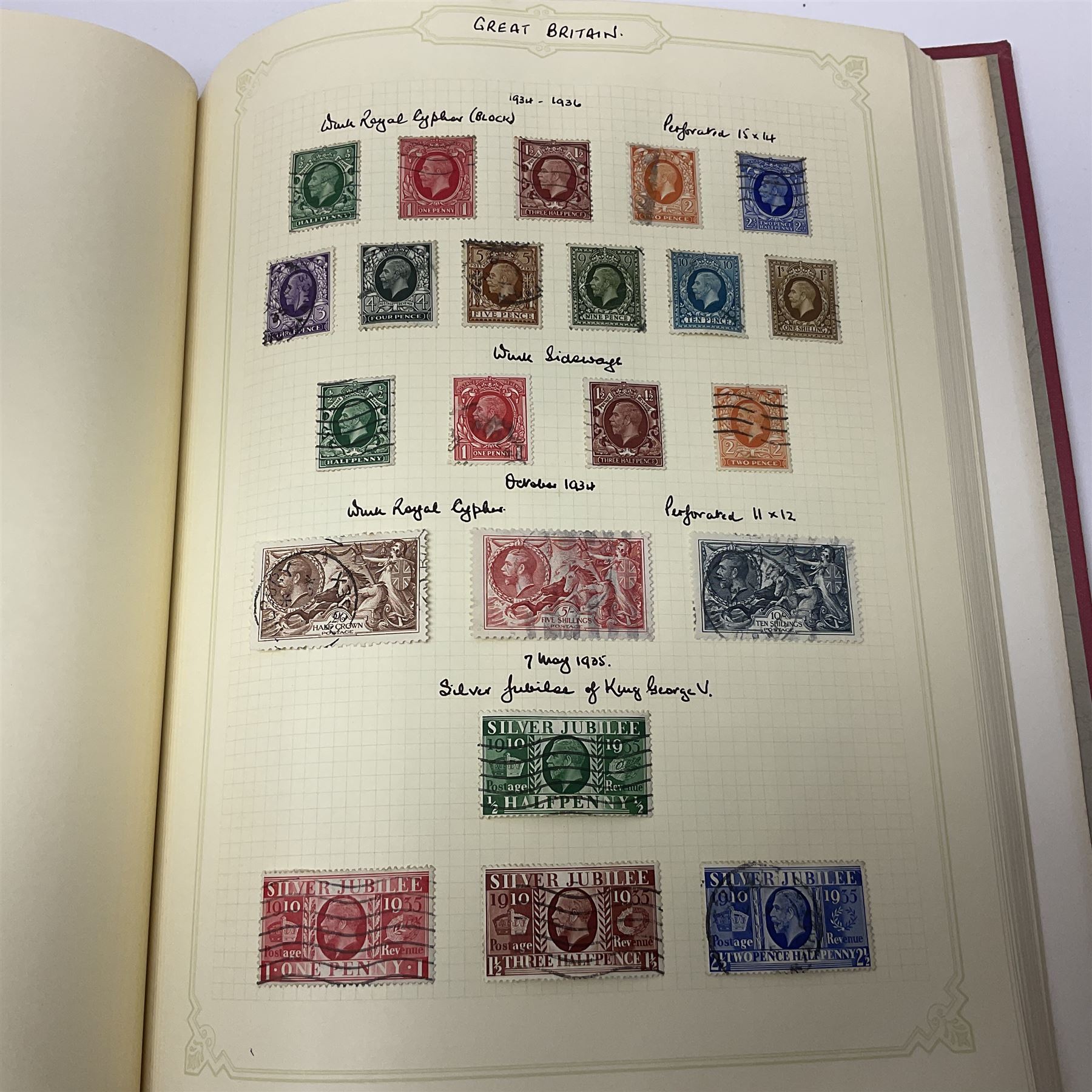 Mostly Great British Queen Victoria and later stamps, including penny black with red MX cancel, 1840 two pence blue with red MX cancel, imperf penny red with black MX cancel, perf penny reds, various Queen Victoria surface printed issues, King Edward VII two shillings sixpence and five shillings, King George V seahorses with values to ten shillings, King George VI with ten shilling dark blue used, Queen Elizabeth II pre and post decimal etc, housed in 'The Simplex Blank Album'