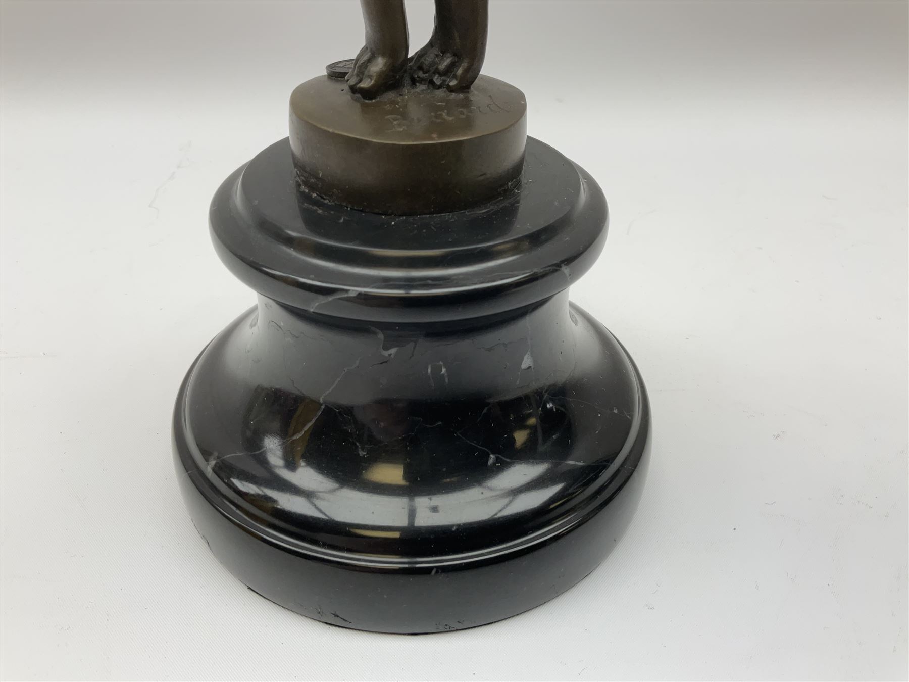 Art Deco style bronze figure of a dancer, after 'Berrard', raised upon a circular base, with foundry mark, H49cm