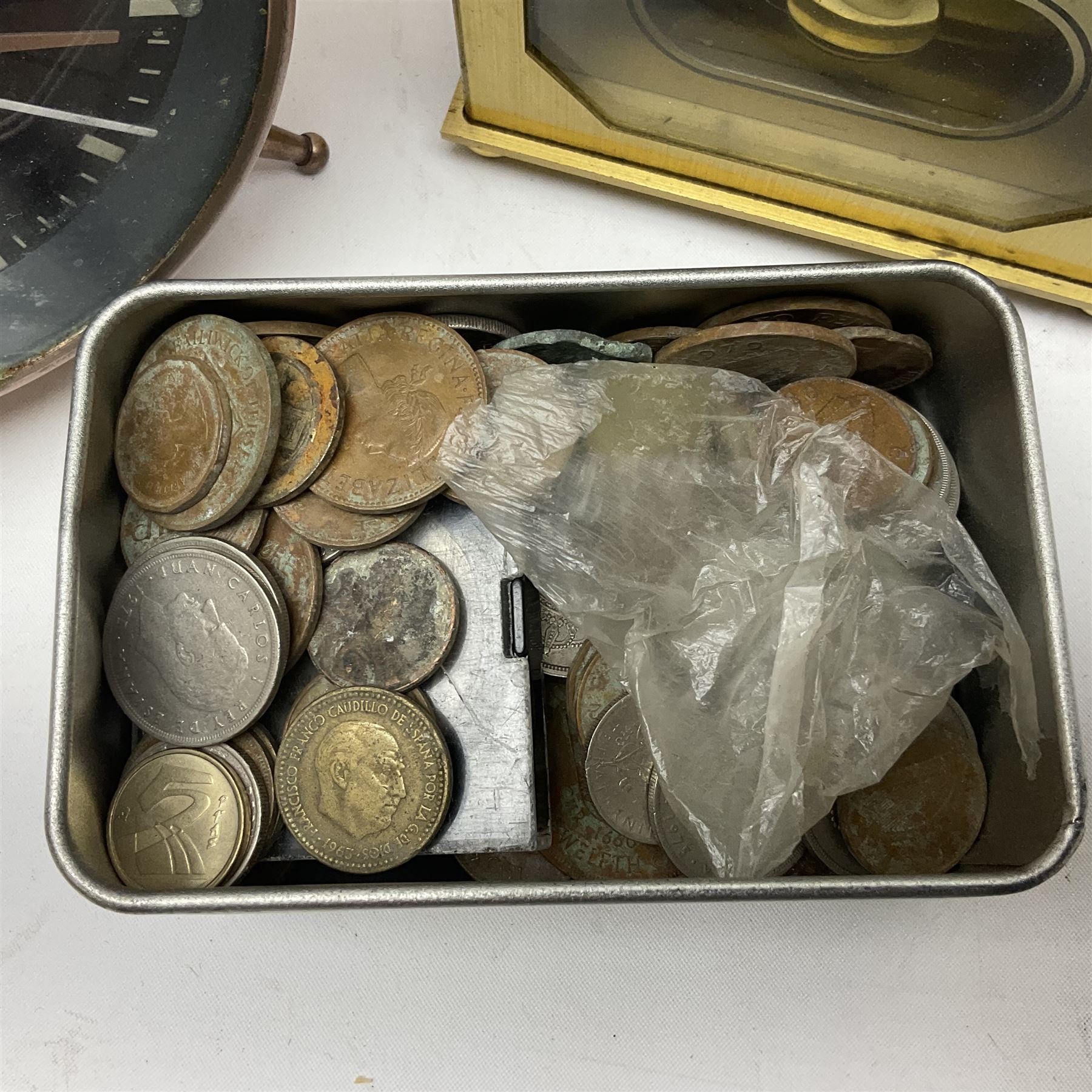 Avia Quartz mantle clock, a London alarm clock and a collection of coins