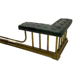 Victorian design brass telescopic extending club fire fender, the corner seats upholstered in buttoned green fabric over plain balustrade, on moulded base with floral cast corner brackets 