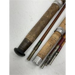 Vintage four piece split cane fly fishing rod, butt cap marked 'E49299 Made By Hardy Bros Ltd Alnwick England', various other rods (some incomplete), pair of Hardy hanging clamps and a vintage tin 'The Loch Leven Eyed Fly Box'