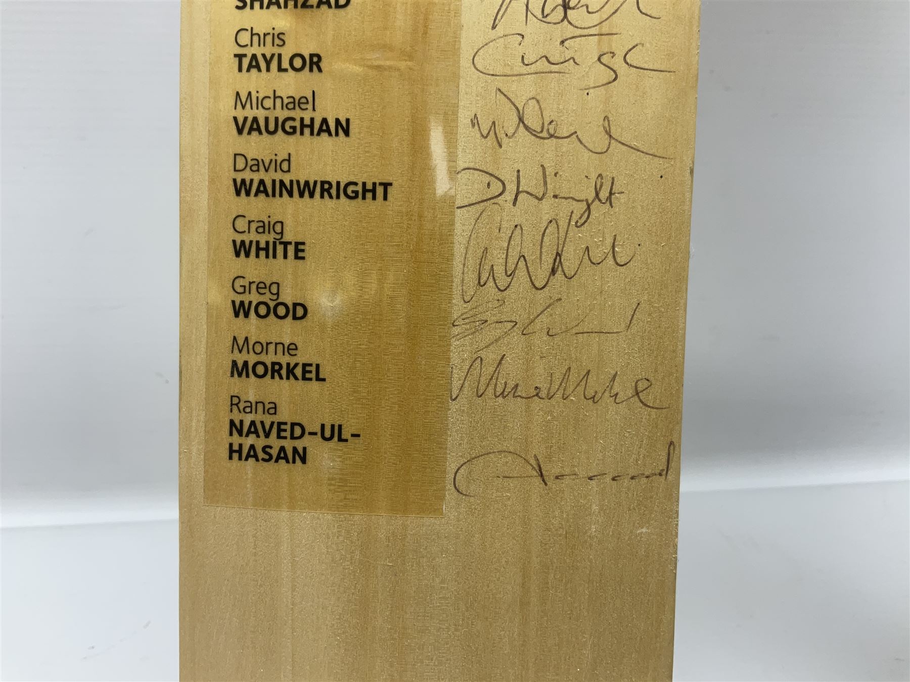 Two signed Yorkshire County cricket bats, from 2007 and 2008 seasons, bearing signatures including Darren Gough, Jason Gillespie, Younus Khan, Michael Vaughn and Tim Bresnan, etc