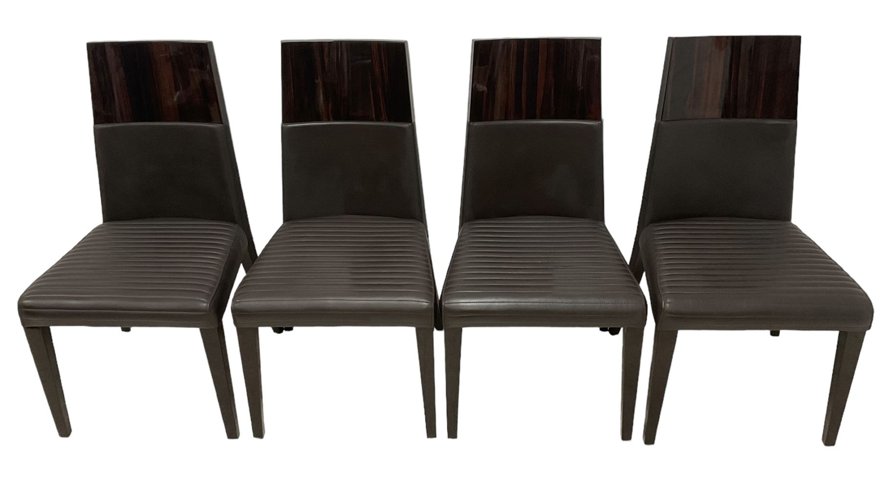 Giorgio Collection - Art Deco design macassar ebony 'Luna' extending dining table, oval top with quarter-matched veneer and stringing, raised on a curved V-shaped pedestal with oval base; with matching set of dining chairs, high macassar ebony back, the lower half and seat upholstered in black leather, on ebonised tapering supports, retailed by Harrods