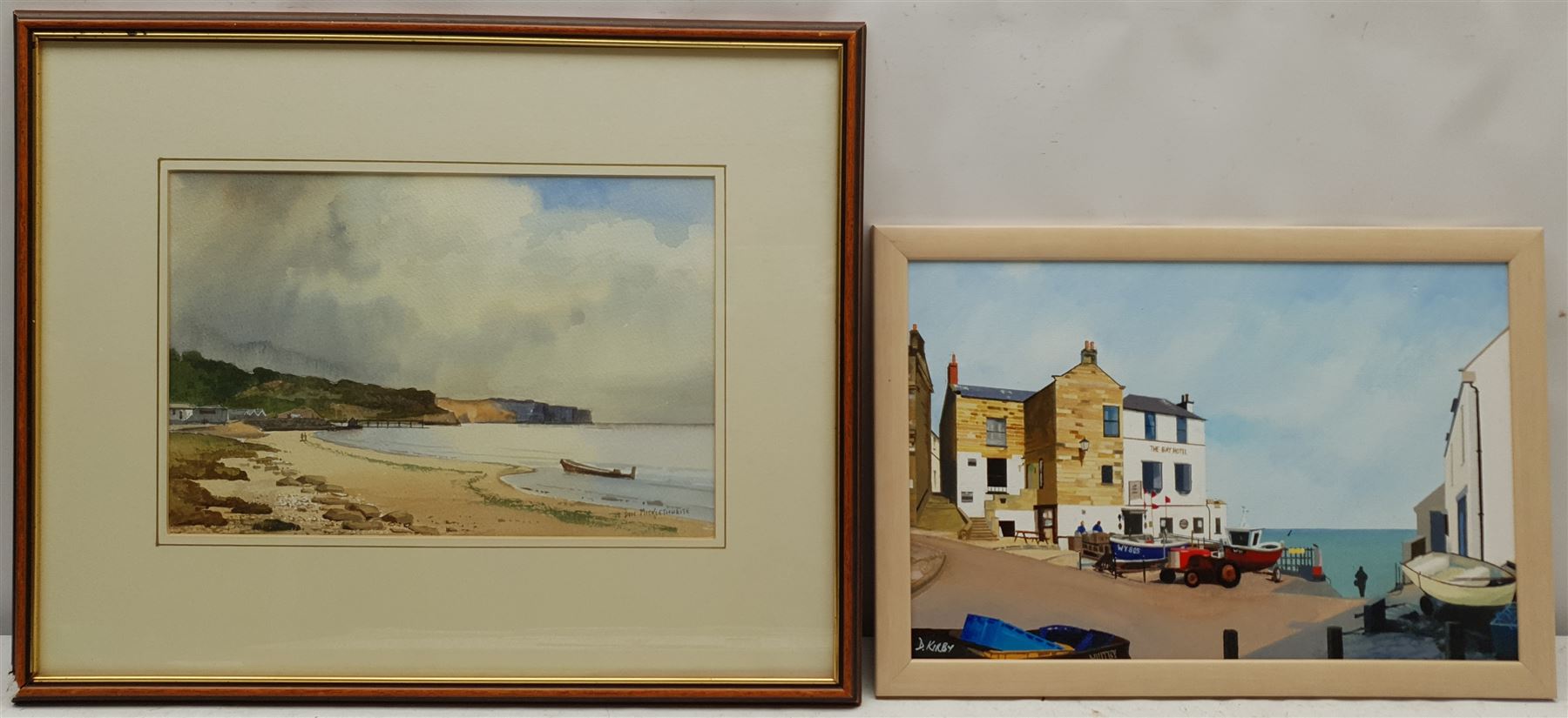 Don Micklethwaite (British 1936-): 'Omaha Beach Normandy', watercolour signed, titled and dated 2003 verso; David Kirby (British Contemporary): 'The Landing at Robin Hood's Bay', oil on board signed, titled and dated 2004 verso; Percy Hope (British 20th century): 'Staithes Beck', watercolour signed '99; Pauline Latham (British 20th century): Cottages on Hall Garth Lane West Ayton, watercolour signed, max 24cm x 43cm (4)