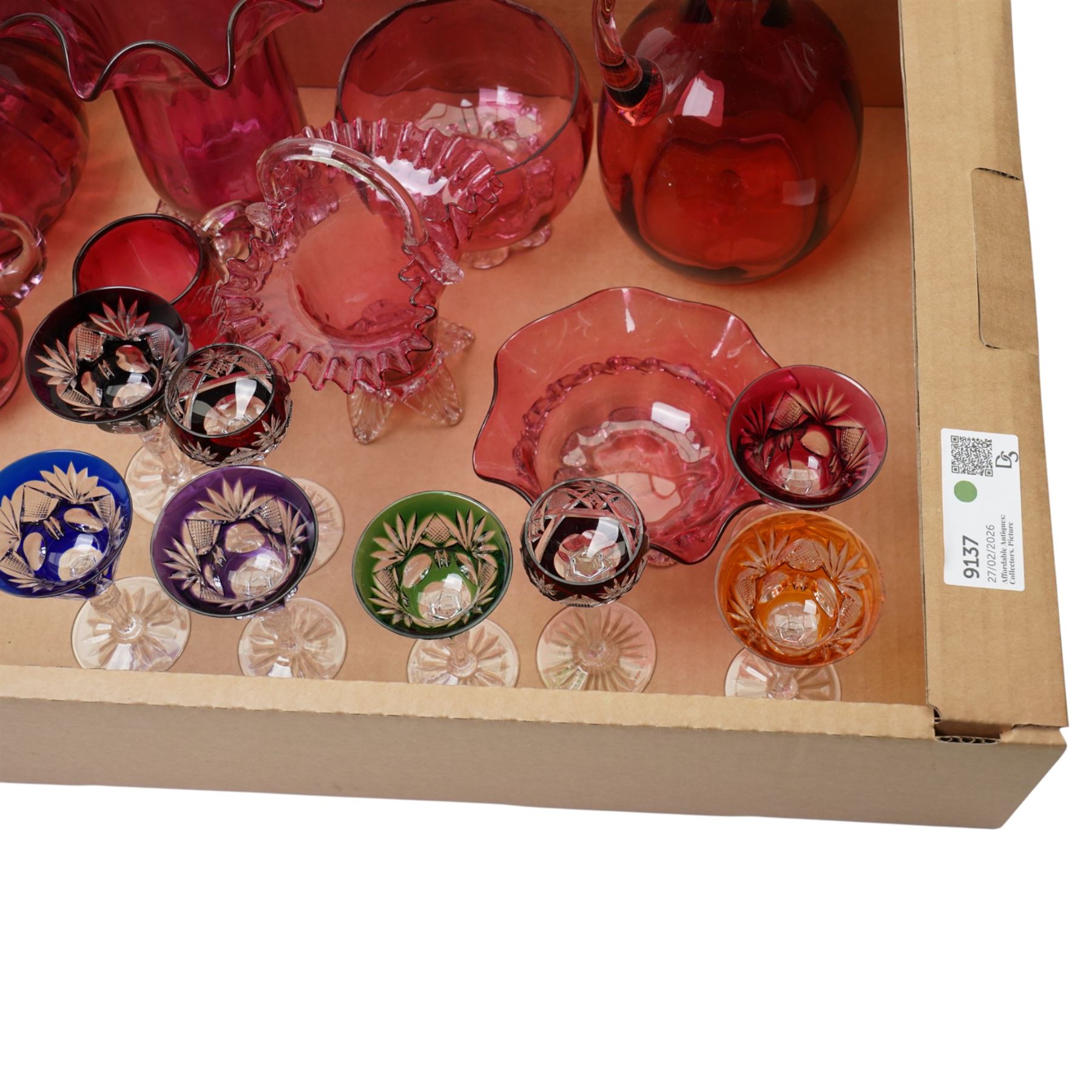 Cranberry glass decanter, claret jug, Mary Gregory style vase, glasses with coloured bowls etc