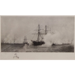 William Lionel Wyllie (British 1851-1931): 'The Bombardment of the Forts of Alexandria' by HMS Condor, monochrome engraving signed in pencil W.L Wyllie with vignette of the captain of the ship in the margin, pub 1884 by The Fine Art Society, 38cm x 63cm