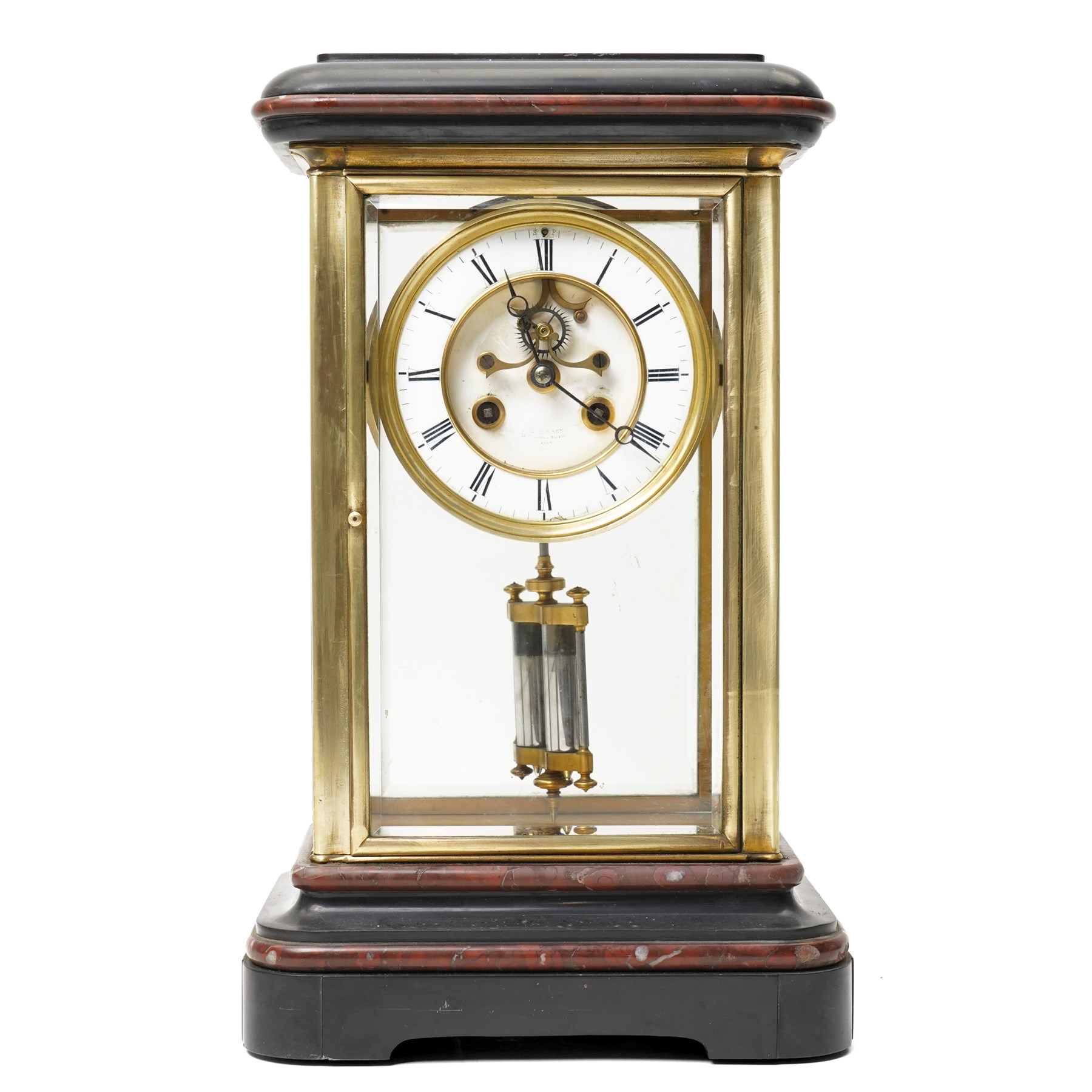 19th century four glass mantel clock with white enamel dial inscribed J W Benson, Old Bond Street, London with bell strike and mercury pendulum in brass and marble case H40cm