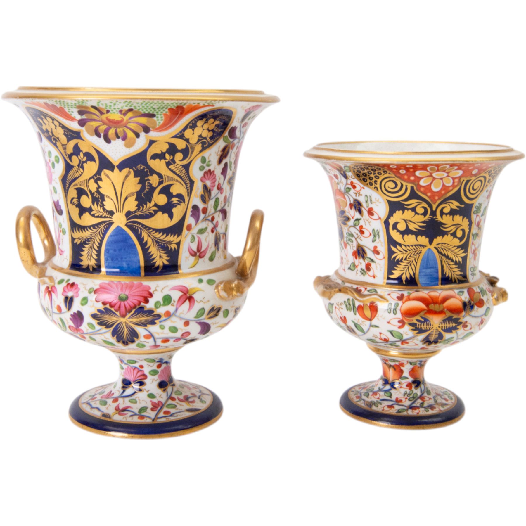 Derby twin handled campagna urn, decorated with flowers and cobalt panels highlighted in gilt, together with a smaller example with similar decoration, tallest H20cm