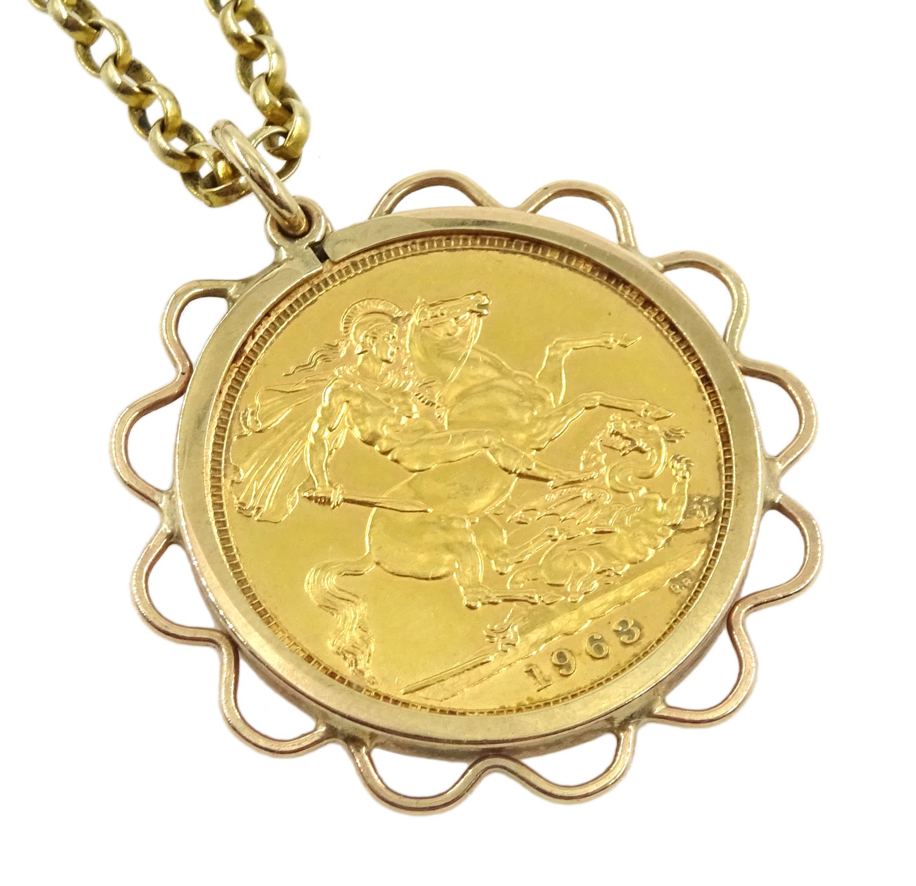 Elizabeth II 1963 gold full sovereign, loose mounted in gold pendant on gold necklace chain, both 9ct hallmarked or tested