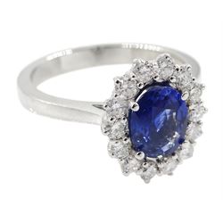 18ct white gold fine oval Ceylon sapphire and round brilliant cut diamond cluster ring, stamped 750, sapphire approx 1.40 carat