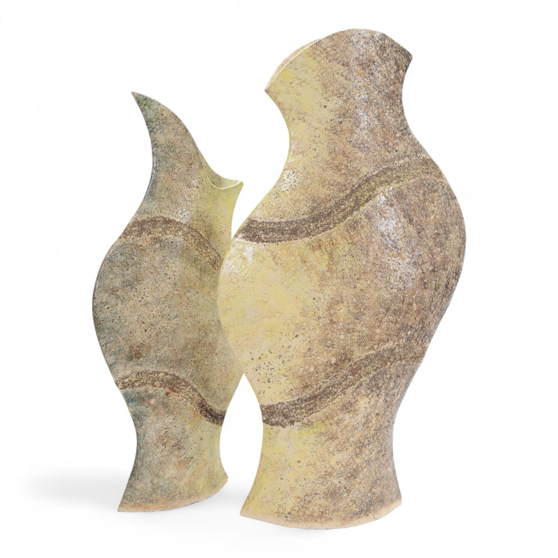 Two studio pottery floor vases, designed to appear flat, with textured mottled finish in brown and cream tones, largest H87cm 