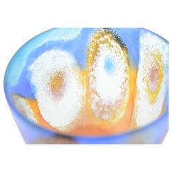 Pauline Solven, studio glass bowl decorated with abstract circular pattern upon blue and orange grounds, H11cm, D15cm 