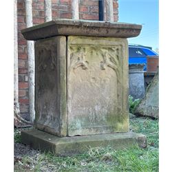 Carved sandstone garden plinth / tomb, probably 17th century, the square top above four tracery carved panels with floral motifs, on a conforming base. H83cm, 64cm x 64cm.  - COLLECTION BY APPOINTMENT FROM: The White House, Thirsk Road, Easingwold, York, YO61 3NF - CALL 01723 507111 TO ARRANGE