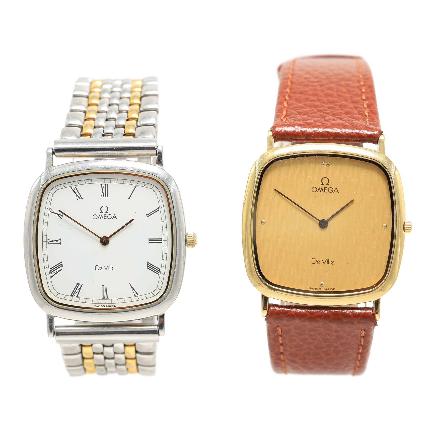 Omega gentleman's stainless steel quartz wristwatch, white dial with Roman numeral hour markers, on stainless steel bracelet and one other gold-plated and stainless steel, Ref. 1378, champagne dial with dot markers