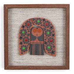 Two 1960's Hornsea pottery Muramic plaques designed by John Clappison, comprising framed example in the form a stylised figure of a lady and an unframed example in the form of a bird, H45cm