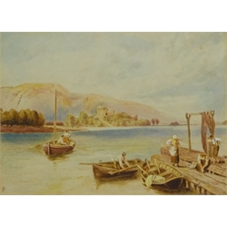 English School (19th century): Figures by the Lakeside, watercolour  monogrammed BF 14.5cm x 20cm