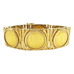 Gold sovereign bracelet, six gold full sovereign coins dated 1872, 1890 (Sydney mint), 1899, 1910 (Perth mint), 1912 and 1925 (South Africa mint), loose mounted in 9ct gold bracelet, hallmarked