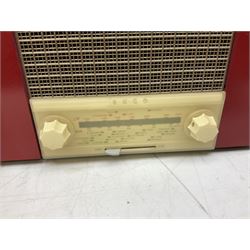 1950s Pye Type P43 cabinet radio in cream Bakelite case with orange knobs, W30cm H22cm D16cm, together with Ever Ready Sky Queen portable radio, Ekco portable radio in red case, Boxed Bush Special Edition 2002 Queens Golden Jubilee radio, Hacker Herald VHS radio (5)