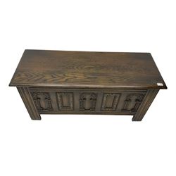 Old Charm - oak blanket box, hinged top, carved front