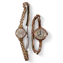 Two 9ct gold cased manual wind wristwatch, on gold plated straps