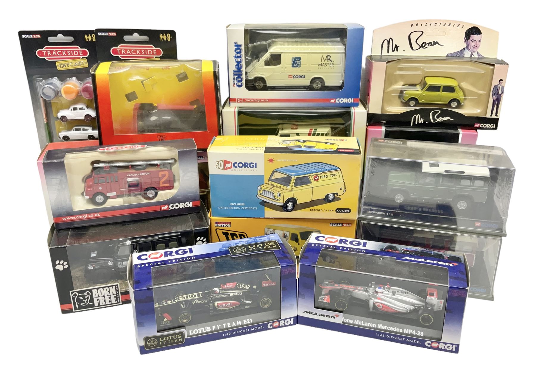 Corgi - eighteen modern die-cast models including racing cars, Land Rovers, Thornycroft Box Van, Ford Transit and Bedford Vans, Minis, Last Routemaster bus, two Trackside DIYCAST sets etc; all boxed (18)